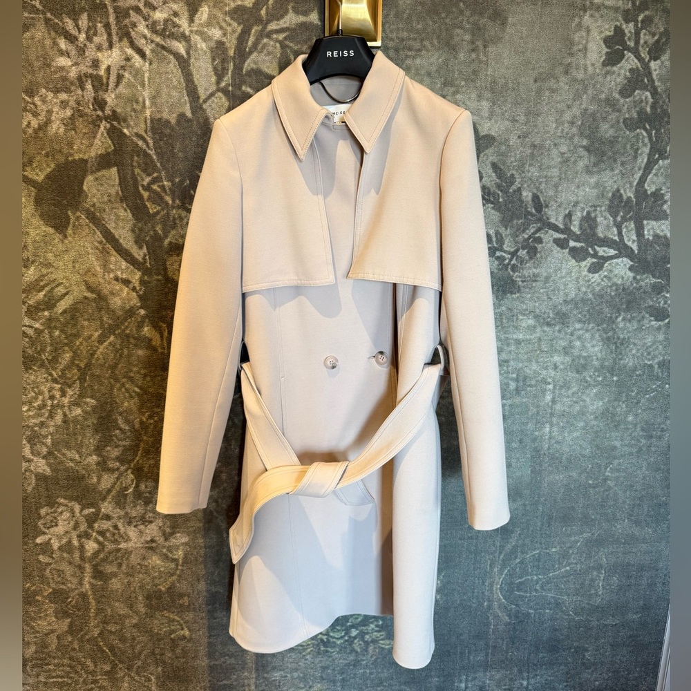 Reiss Pale Beige Double-Breasted Trench Coat with Belt - Picture 2 of 7